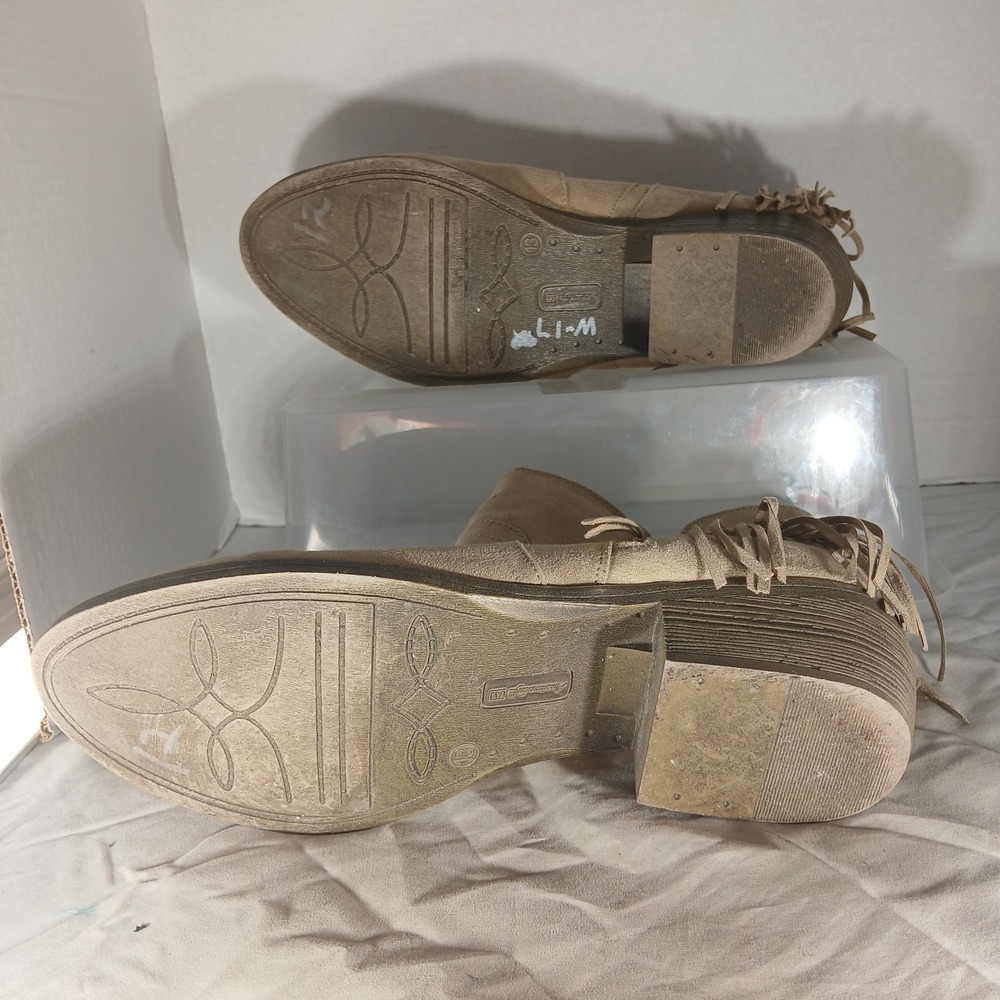 American Eagle Fringe Ankle Booties 13 Tan Boho Western Suede Block Heel Boots - Picture 8 of 10